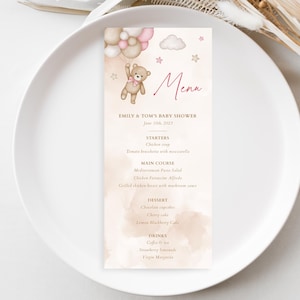 Rosa Teddybär Menüvorlage bearbeitbar, Rosa Bär Babypartymenü, wir können Bärenwarten, rosa Thema für Baby Mädchen, Bär und Luftballons