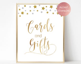 Karten und Geschenke Zeichen, druckbare Babyparty Geschenke und Karten Zeichen, Gold Brautparty Zeichen mit Sternen, Gender Neutral Twinkle Little Star