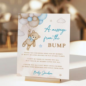 EDITABLE Blue Teddy Bear A Message From The Bump, We Can Bearly Wait Baby Shower Games for Baby Boy, A Message from the Baby Personalized
