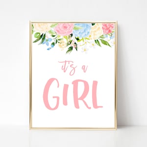 It&#39;s a Girl Gender Reveal Sign, Team Girl Gender Reveal Printable Sign, Floral Baby Shower Banner, Blue and Pink Gender Reveal Decoration