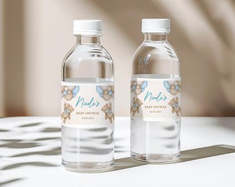 Nous pouvons attendre Ours en peluche bleu Étiquettes imprimables pour bouteille d'eau Fête d'anniversaire ours baby shower Etiquette imprimable montgolfière bleu ours