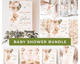 Green Teddy Bear Baby Shower Bundle, Baby Shower Invitation and Decoration Bundle, Gender Neutral Bear Theme, We Can Bearly Wait Bundle