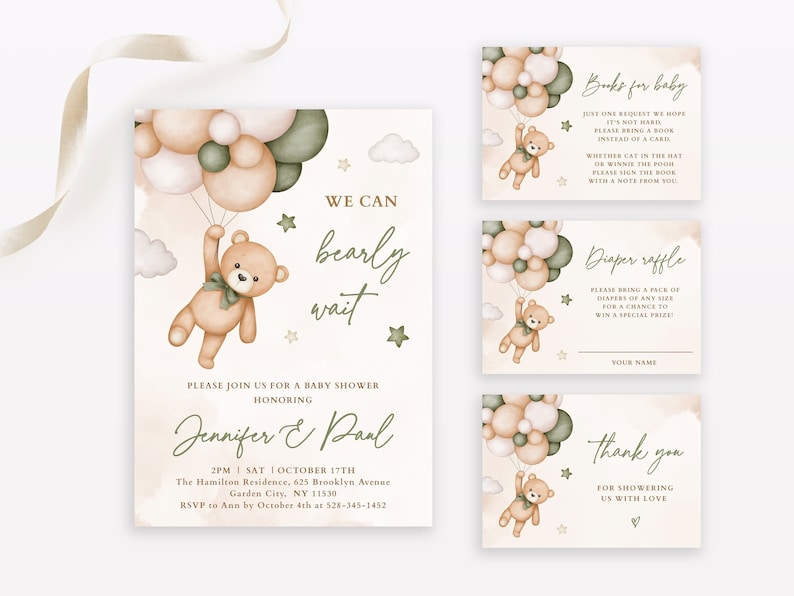 Green Teddy Bear Baby Shower Invitation Set