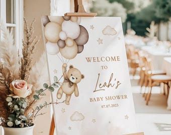 Teddy Bear Welcome to Baby Shower, Beige Bear Balloons Baby Shower Poster, We Can Bearly Wait Editable Yard Sign