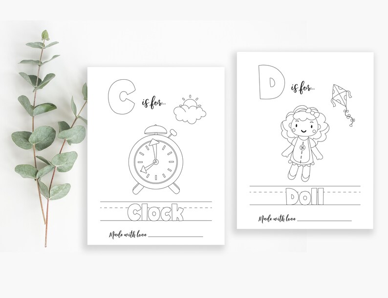 May include: Two black and white printable alphabet flashcards. The first card features the letter C and a clock. The second card features the letter D and a doll. Both cards have the text "is for..." and "Made with love".