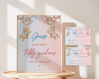 Guess How Many Teddy Grahams, Gender Reveal Party, Blue and Pink Teddy Bears and Balloons, We Can Bearly Wait