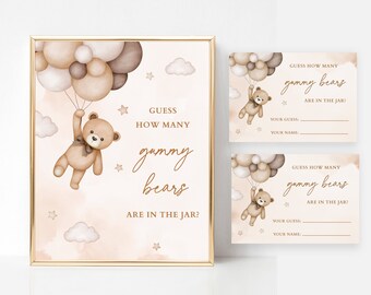 Beige Teddy Bear Guess How Many Gummy Bears Game Sign and Card, Teddy Bear Baby Shower Sprinkle We Can Bearly Wait Printable Game