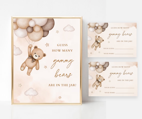 Beige Teddy Bear Guess How Many Gummy Bears Game Sign and Card