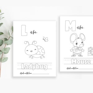 May include: Black and white printable alphabet coloring pages featuring a ladybug and a mouse. The letter L is for ladybug and the letter M is for mouse. The pages include the text "Made with love".