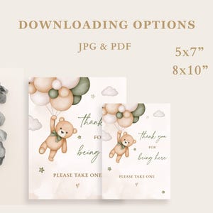 Sage Green Teddy Bear Thank You for Being Here Sign, Green Bear and Balloons Baby Shower Theme Gender Neutral, We Can Bearly Wait image 3