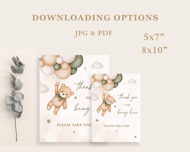 Sage Green Teddy Bear Thank You for Being Here Sign, Green Bear and Balloons Baby Shower Theme Gender Neutral, We Can Bearly Wait image 3