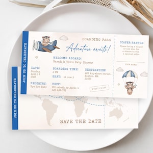 Uitnodiging voor babyshower instapkaart, vliegtuig en teddybeer babyshower thema, uitnodiging voor reizen instapkaart, avontuur wacht