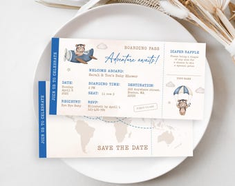 Airplane Teddy Bear Baby Shower Boarding Pass Invitation