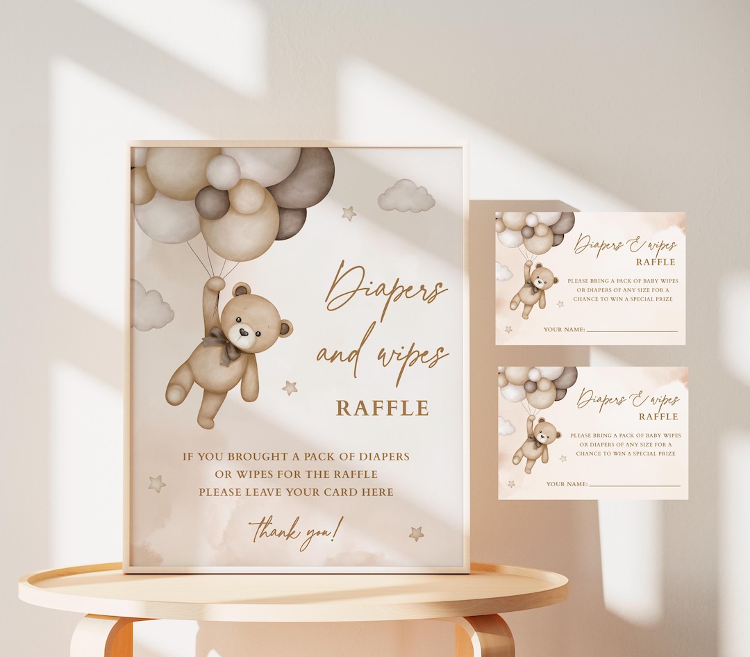 Wippy Raffle Diapers and Wipes Raffle Sign, Beige Teddy Bear Baby Shower, We Can ...
