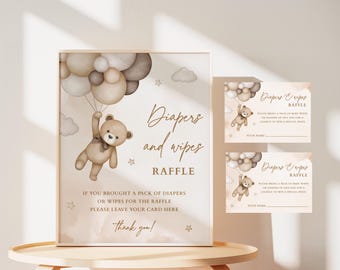 Diapers and Wipes Raffle Sign, Beige Teddy Bear Baby Shower, We Can Bearly Wait Gender Neutral Theme