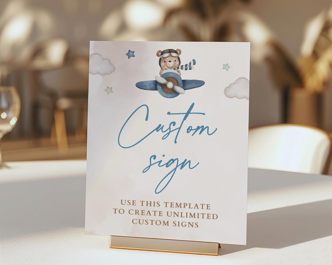 EDITABLE Custom Signs Airplane Baby Shower, Flying Teddy, Aviator Teddy ...