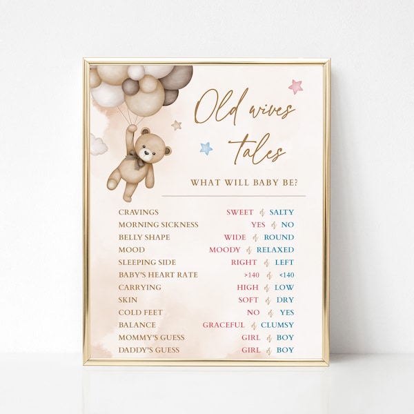 Old Wives Tales Bear Gender Reveal Sign, What Will Baby Be Guessing Game, Teddy Bear Old Wives Tales Printable