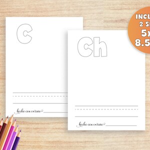 Pu&ograve; includere: Due fogli di lavoro stampabili con le lettere "C" e "Ch" in grassetto e di grandi dimensioni. Ogni foglio di lavoro include due righe per esercitarsi nella scrittura e la frase "hecho con cari&ntilde;o" in fondo. I fogli di lavoro sono progettati per i bambini che stanno imparando a scrivere.