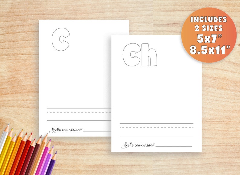 Pu&ograve; includere: Due fogli di lavoro stampabili con le lettere "C" e "Ch" in grassetto e di grandi dimensioni. Ogni foglio di lavoro include due righe per esercitarsi nella scrittura e la frase "hecho con cari&ntilde;o" in fondo. I fogli di lavoro sono progettati per i bambini che stanno imparando a scrivere.