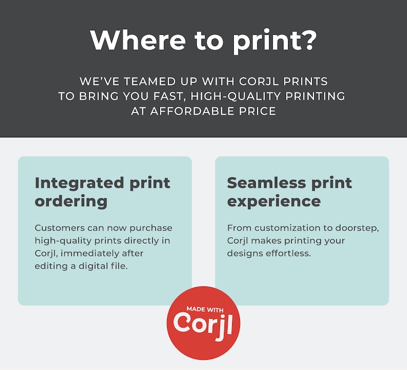 Peut inclure: Visuel avec le texte "O&ugrave; imprimer ?" et des informations sur Corjl Prints. Il met en avant la commande d'impression int&eacute;gr&eacute;e et une exp&eacute;rience d'impression transparente. Un cercle rouge avec "Made with Corjl" en bas.