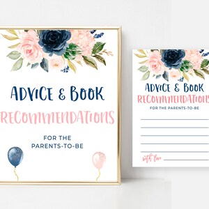 Consejos y recomendaciones de libros para los futuros padres, fiesta de revelación de género azul marino y rubor, tarjeta de consejos para nuevos padres, consejos imprimibles