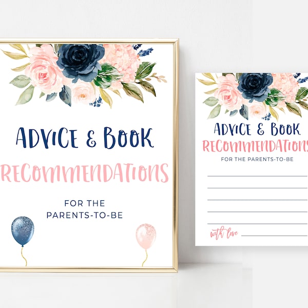 Advice and Book Recommendations for the Parents-To-Be, Navy and Blush Gender Reveal Party, Advice for New Parents Card, Printable Advice