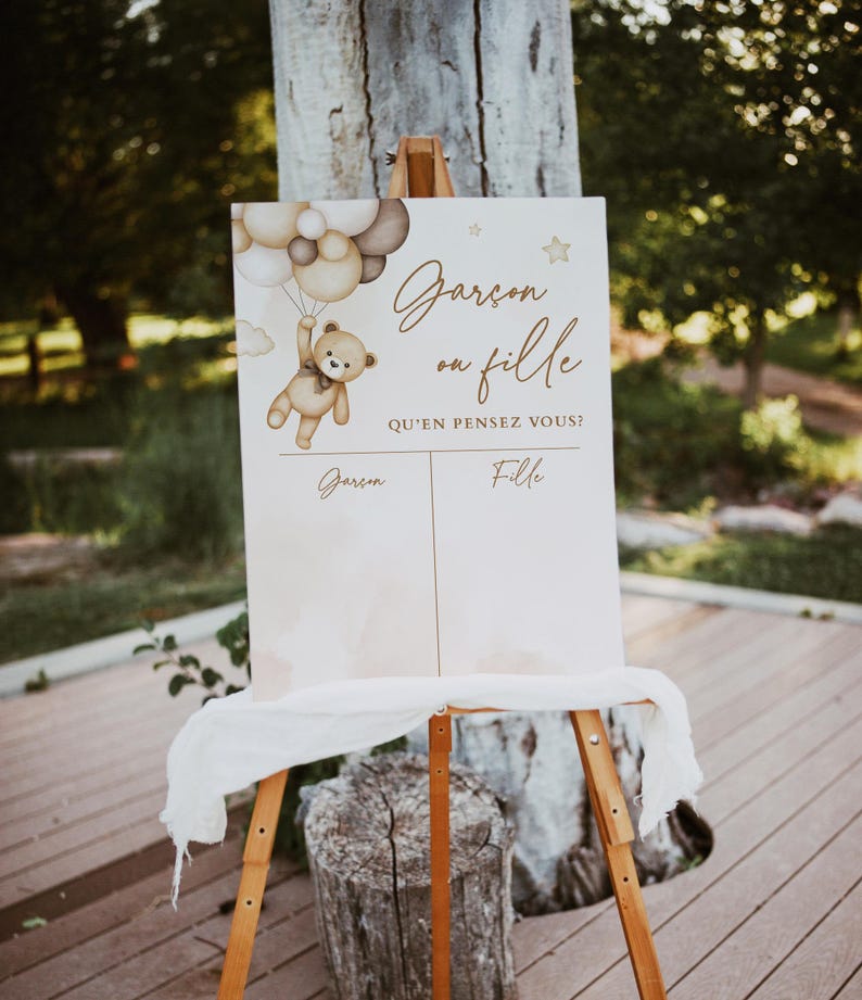 May include: A gender reveal sign featuring a brown teddy bear holding balloons. The sign reads "Gar&ccedil;on ou Fille? Qu'en pensez vous?" with a space to write "Gar&ccedil;on" or "Fille".