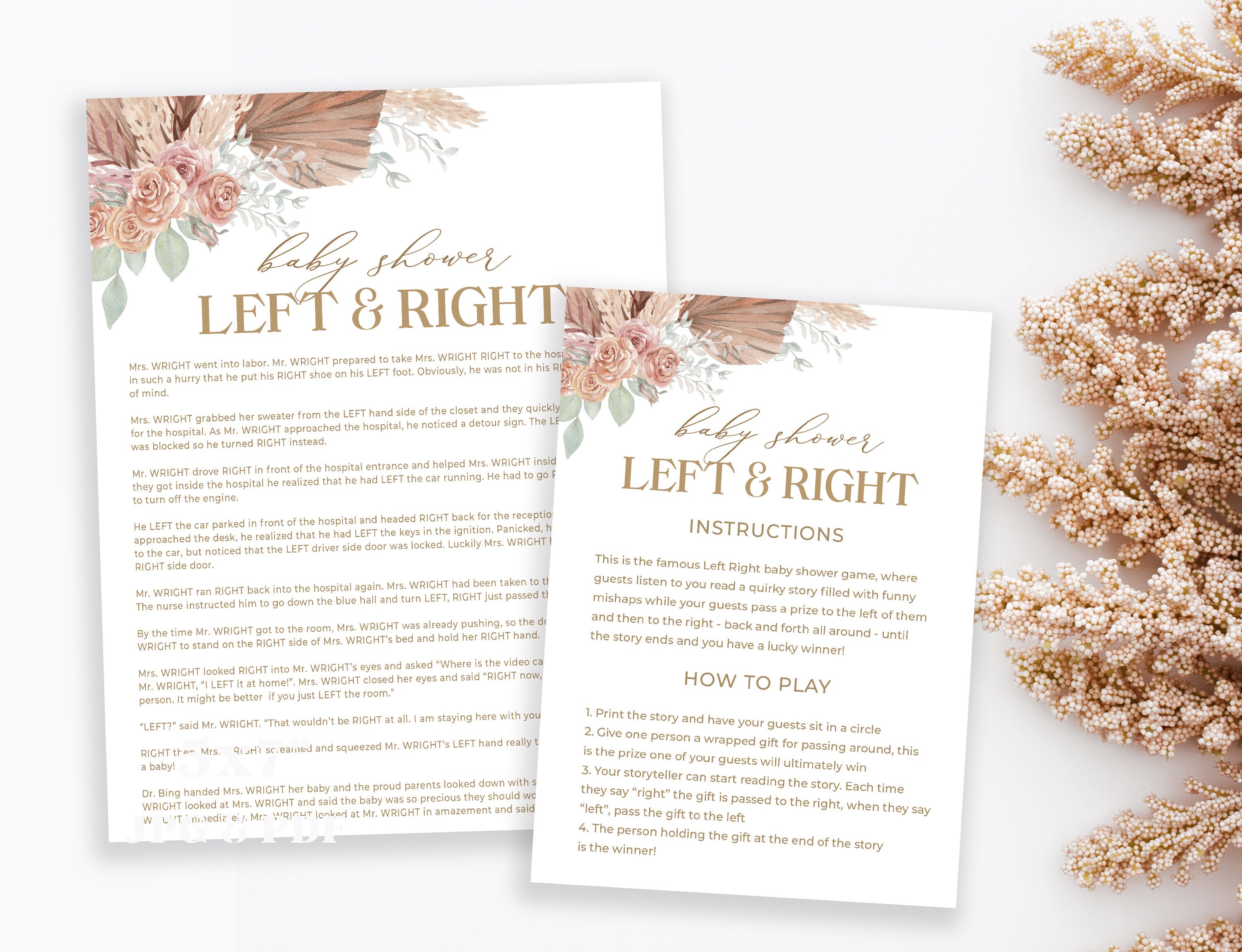 Left Right Baby Shower Story Game Pampas Grass Baby Shower Etsy