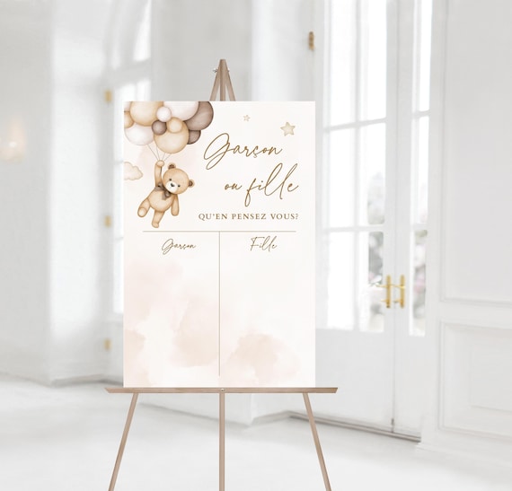 EDITABLE Garçon ou Fille Poster, French What Will Baby Be Beige Teddy Bear Theme, Guess the Gender