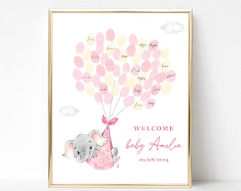EDITABLE Baby Girl Elephant Fingerprint Guestbook, Fingerprint Tree Pink Little Elephant, Thumbprint Birthday Party Guest Book