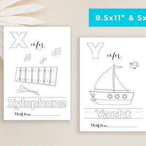 May include: Black and white printable coloring page featuring the letter X and the word "Xylophone" with a xylophone illustration. The letter Y and the word "Yacht" with a yacht illustration are also included. The text "8.5x11" and "5x7" is printed at the top of the page.