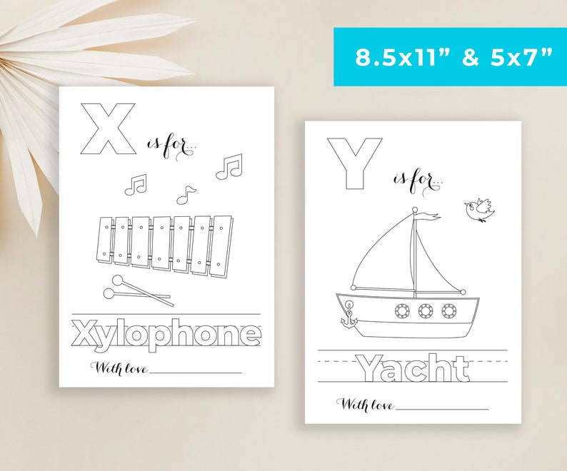May include: Black and white printable coloring page featuring the letter X and the word "Xylophone" with a xylophone illustration. The letter Y and the word "Yacht" with a yacht illustration are also included. The text "8.5x11" and "5x7" is printed at the top of the page.