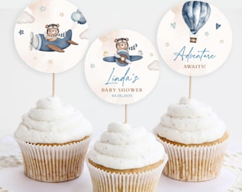 Avontuur wacht op babyshower cupcake toppers, vliegtuig heteluchtballon (bewerkbaar, digitale download)