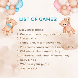 Peut inclure: Une liste de jeux pour une baby shower sur fond aquarelle. Le texte "LISTE DES JEUX :" est en haut, suivi de dix id&eacute;es de jeux. Deux ours en peluche tenant des ballons sont dans les coins sup&eacute;rieurs. Les ballons sont roses et bleus.