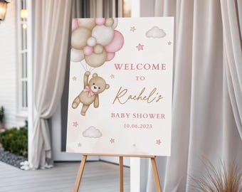 Pink Teddy Bear Baby Shower Welcome Poster, Girl Theme (Editable)
