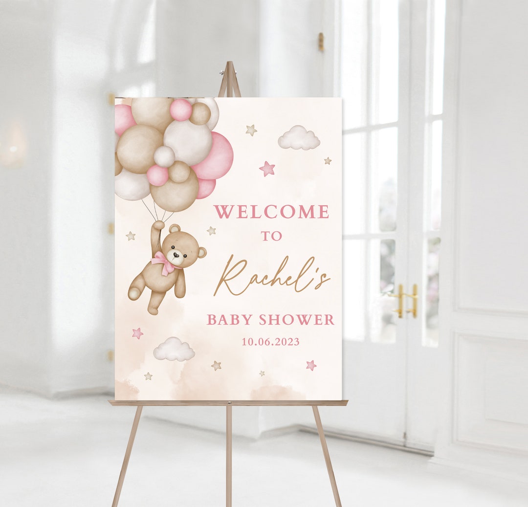 EDITABLE Pink Teddy Bear Welcome Banner, Pink Bear Balloons Baby Shower ...
