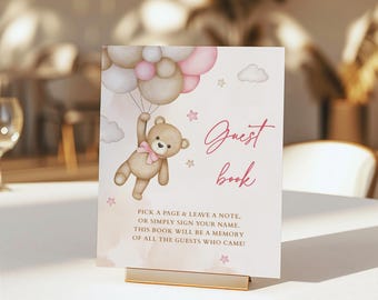 Pink Teddy Bear Guestbook Sign, Bear Theme for Baby Girl, Please Sign the Guest Book, We Can Bearly Wait
