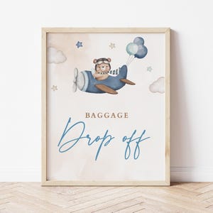 Baggage Drop Off Sign, Travel Baby Shower Coat Check Sign, Airplane Teddy Bear Baby Shower, Aviator Bear Birthday Party for Baby Boy