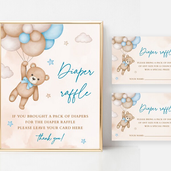 Baby Boy Blue Teddy Bear Diaper Raffle Sign and Tickets Bear Balloons Baby Shower We Can Bearly Wait Printable Game