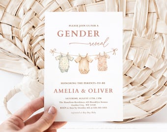 May include: A gender reveal invitation with the text "PLEASE JOIN US FOR A GENDER reveal". The invitation features three watercolor baby onesies hanging on a clothesline. The invitation also includes the names Amelia & Oliver.