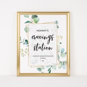 ママの欲求ステーション、ベビーシャワーの記念品サイン、ゴールドの緑のベビーシャワーの装飾、性別を問わないベビーシャワーの装飾、印刷可能なサイン