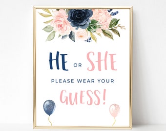 He or She Wear Your Guess Navy and Blush Gender Reveal Party He or She Reveal Games Navy Blue and Blush Pink Gender Reveal Decorations