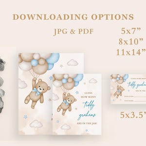 Puede incluir: Descarga digital con una ilustraci&oacute;n de acuarela de un osito de peluche con globos. El dise&ntilde;o incluye el texto "&iquest;Adivina cu&aacute;ntos Teddy Grahams hay en el tarro?" Disponible en formatos JPG y PDF, con tama&ntilde;os de 12,7x17,8cm, 20,3x25,4cm y 28x35,6cm.