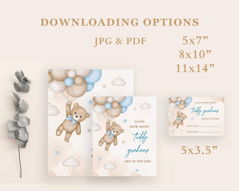 Puede incluir: Descarga digital con una ilustraci&oacute;n de acuarela de un osito de peluche con globos. El dise&ntilde;o incluye el texto "&iquest;Adivina cu&aacute;ntos Teddy Grahams hay en el tarro?" Disponible en formatos JPG y PDF, con tama&ntilde;os de 12,7x17,8cm, 20,3x25,4cm y 28x35,6cm.