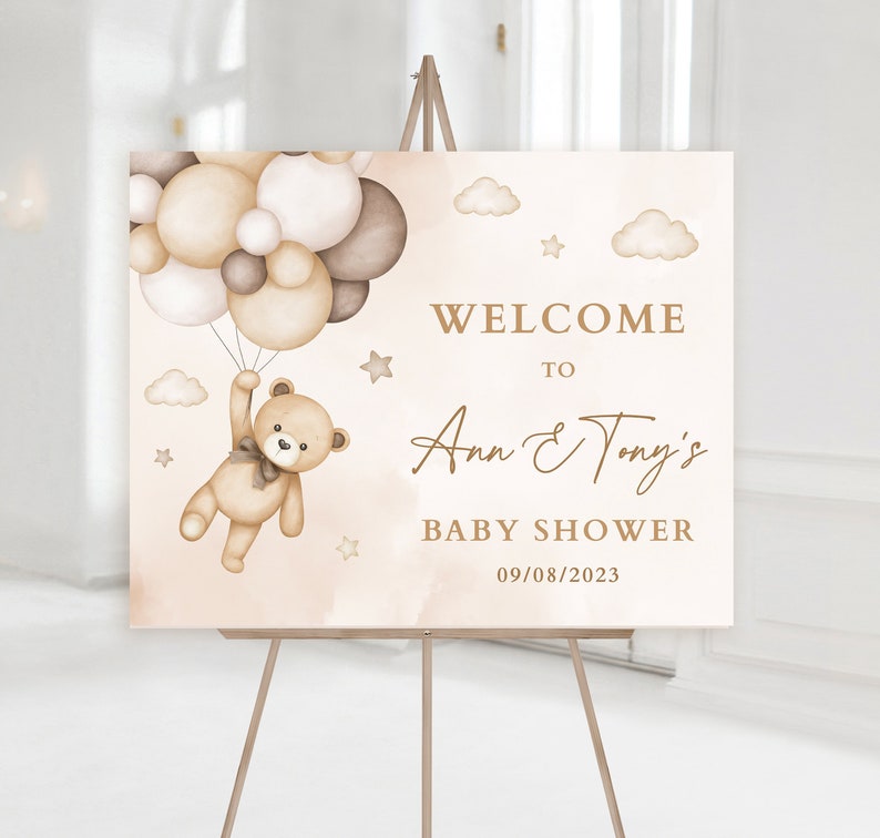 EDITABLE Beige Teddy Bear Baby Shower Welcome Banner, Gender Neutral Teddy Bear Welcome to Gender Reveal Sign, We Can Bearly Wait Decor image 1