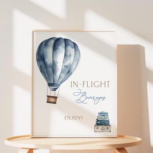 Puede incluir: Impresión enmarcada con un globo aerostático de acuarela en tonos azules. El texto dice "IN-FLIGHT Beverages" y "ENJOY!". Una pila de maletas vintage está en la parte inferior. La impresión se muestra sobre una mesa de madera clara.