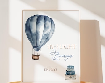 In-Flight Beverages Sign, Travel Baby Shower Signs, Blue Hot Air Balloon and Suitcases, Adventure Awaits Birthday Party Theme