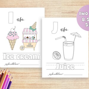 K&ouml;nnte beinhalten: Zwei druckbare Malvorlagen f&uuml;r Kinder. Die erste Seite zeigt den Buchstaben I und einen Eiswagen mit einer Eist&uuml;te. Die zweite Seite zeigt den Buchstaben J und ein Glas Saft mit einem Strohhalm und einem Schirm. Beide Seiten haben den Text "ist f&uuml;r..." und eine Zeile, auf der das Kind das Wort schreiben kann.