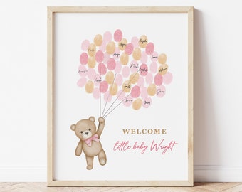 Teddy Bear Baby Shower Fingerprint Guestbook Editable Thumbprint Guest Book, Bear Balloons Baby Shower for Baby Girl