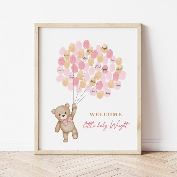 Teddy Bear Baby Shower Fingerprint Guestbook Editable Thumbprint Guest Book, Bear Balloons Baby Shower for Baby Girl